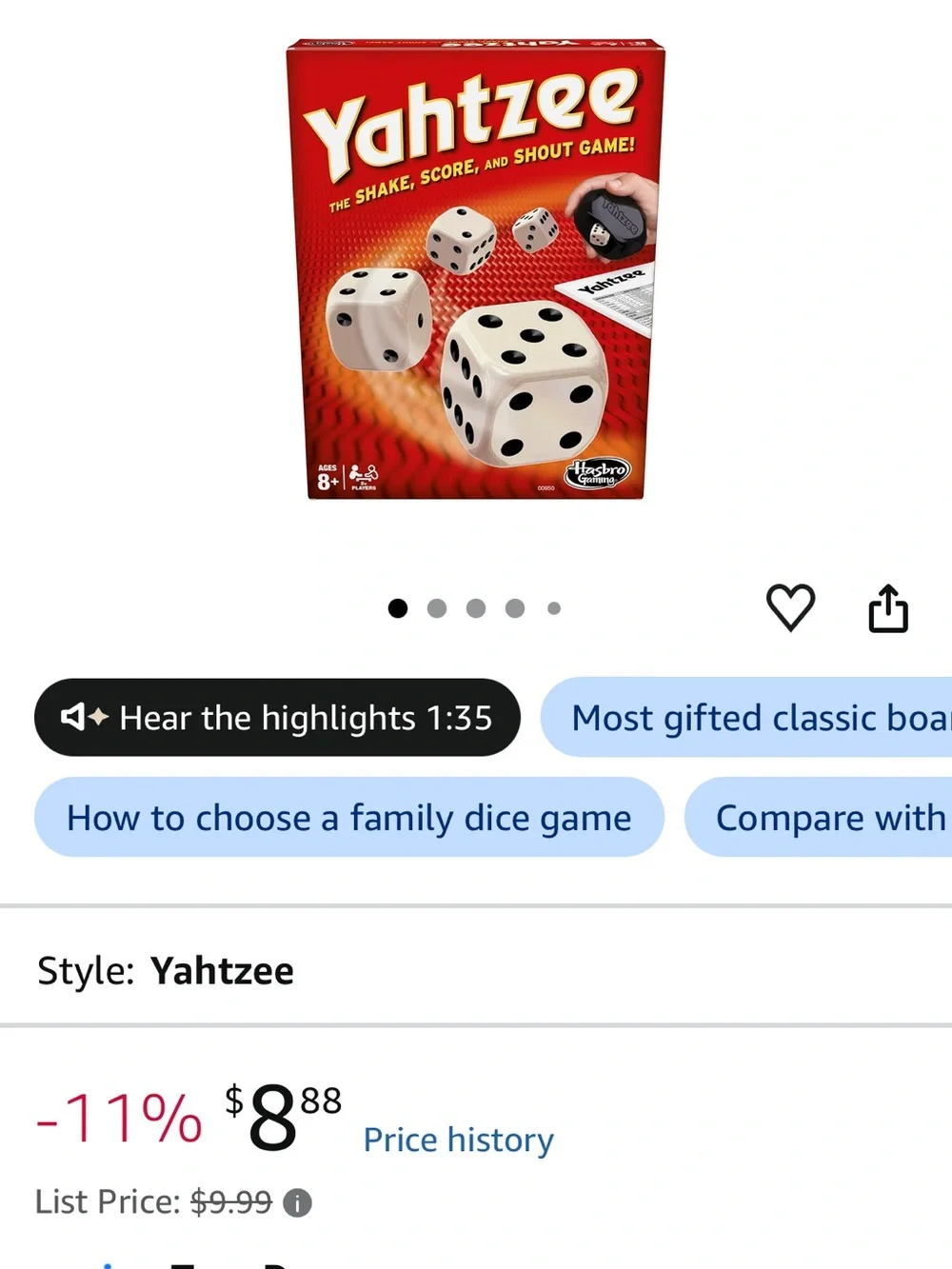 Hasbro Yahtzee Game - Red and White